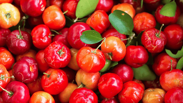 Fresh acerola cherries (Barbados cherries) with vibrant red and orange hues, rich in vitamin C and antioxidants.