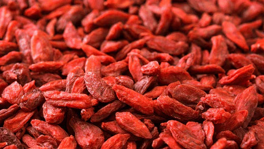 Close-up of dried goji berries, a superfood rich in antioxidants, vitamins, and minerals, known for supporting immune health, hormonal balance, and blood sugar regulation.