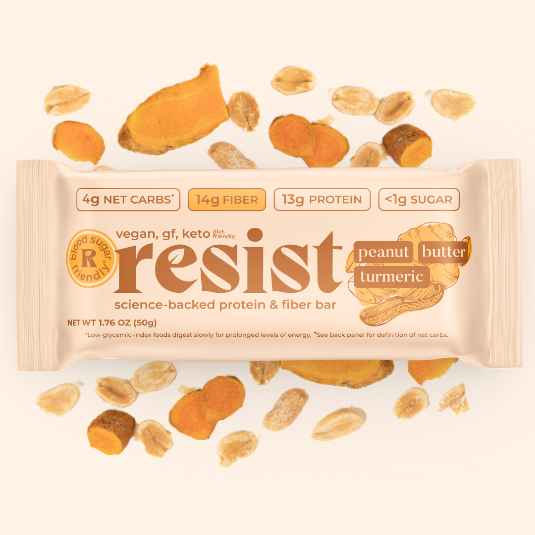 Resist protein bar: Peanut Butter Turmeric flavor, 4g net carbs, vegan, keto, high fiber & protein.